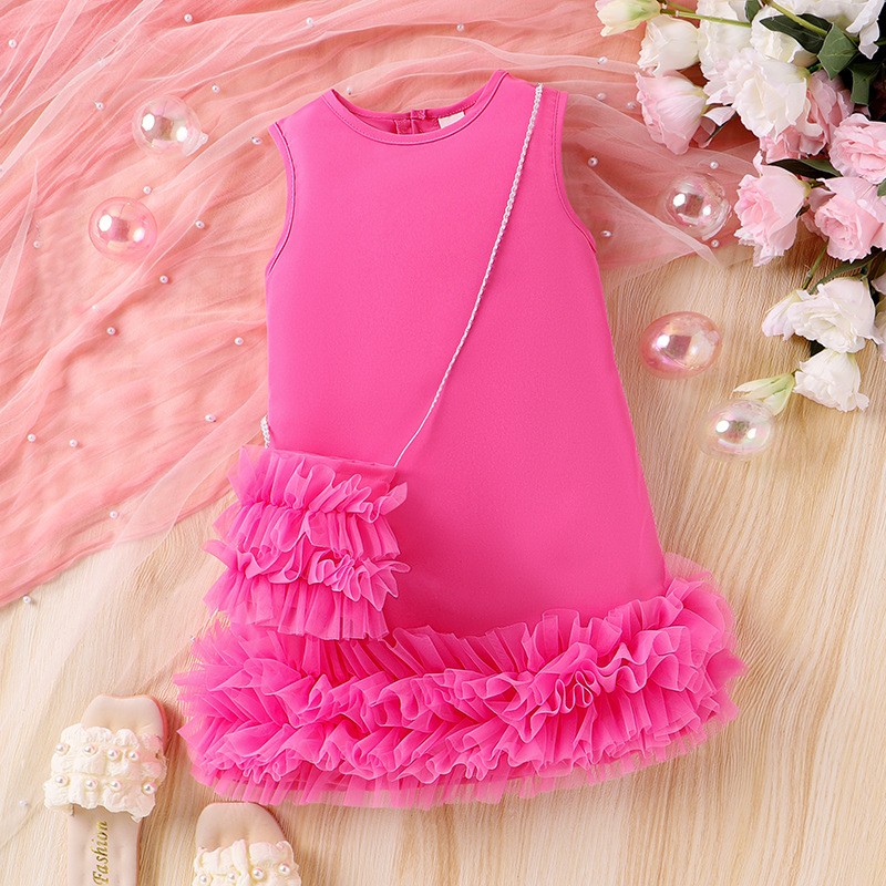 New Summer Trend Children's Clothing Cross-Over Medium Small Children Girl Sleeveless Mesh Tiered Dress Dress Set