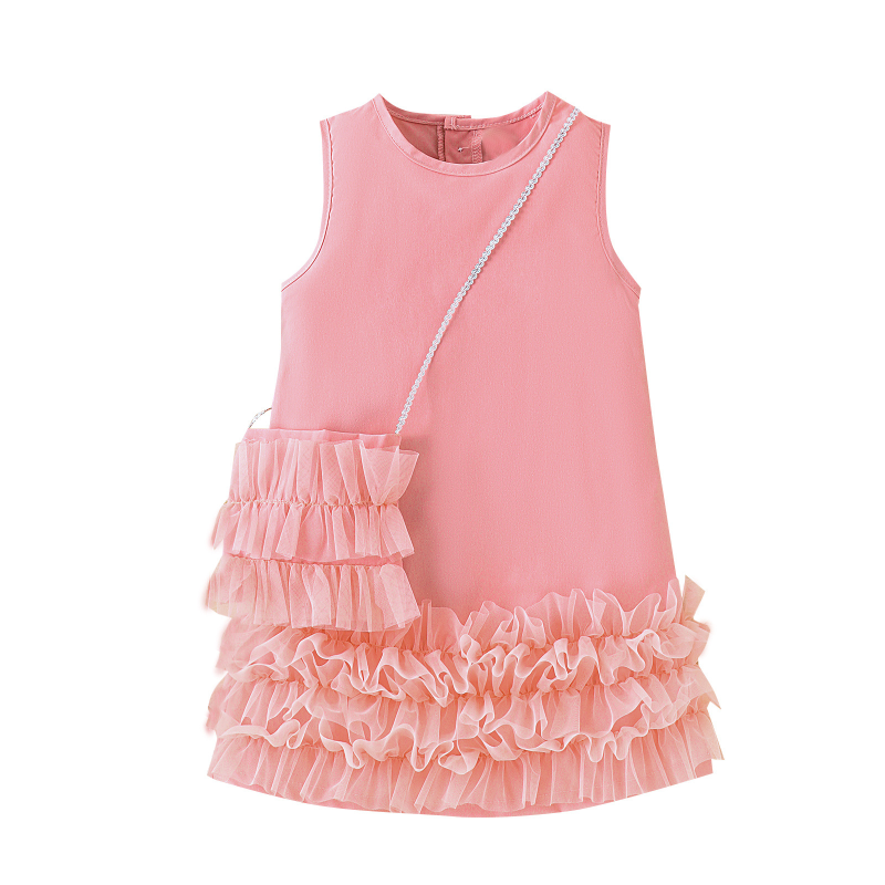New Summer Trend Children's Clothing Cross-Over Medium Small Children Girl Sleeveless Mesh Tiered Dress Dress Set