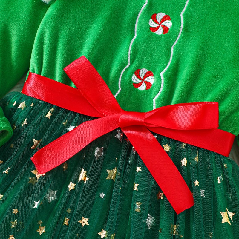Christmas Skirt Dress Sequins Children Clothing Star Bow Long Sleeve Sequin Fabric Toddler Girl Dress Princess