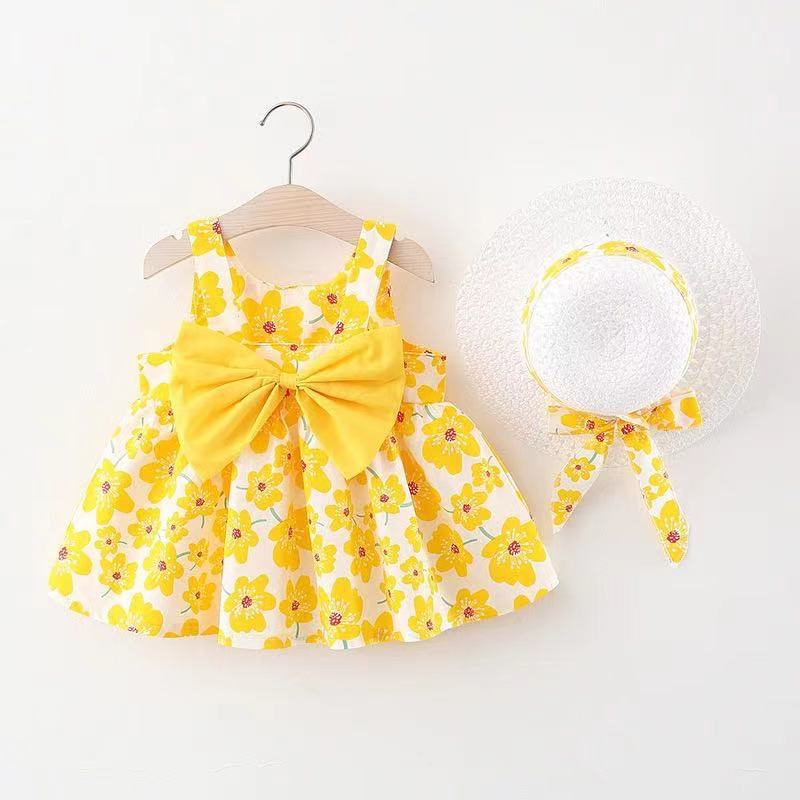 Dress Summer Children Children's Clothing Spaghetti Strap Bow Print Vest Cute Baby Girl Spaghetti Strap Sundress with Hat Baby Toddler Spaghetti Strap Dress