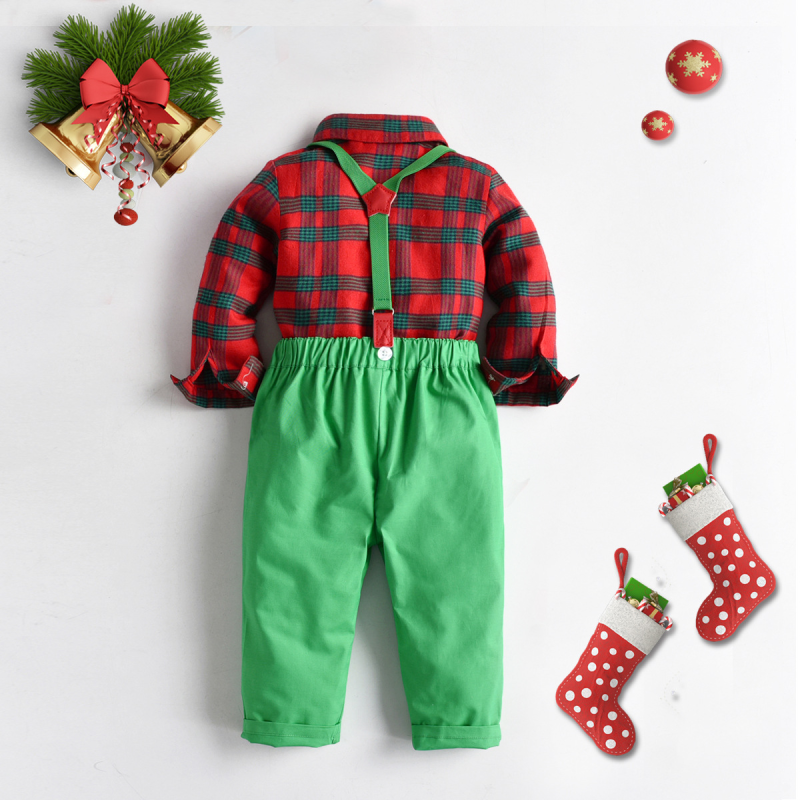 Gift Denim Overalls Children Boy Set Christmas Costume Plaid Shirt Bow Tie Party Clothing Elf Children Clothing Set