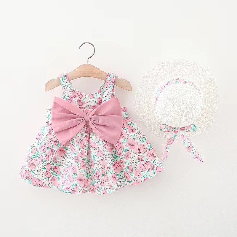 Dress Summer Children Children's Clothing Spaghetti Strap Bow Print Vest Cute Baby Girl Spaghetti Strap Sundress with Hat Baby Toddler Spaghetti Strap Dress