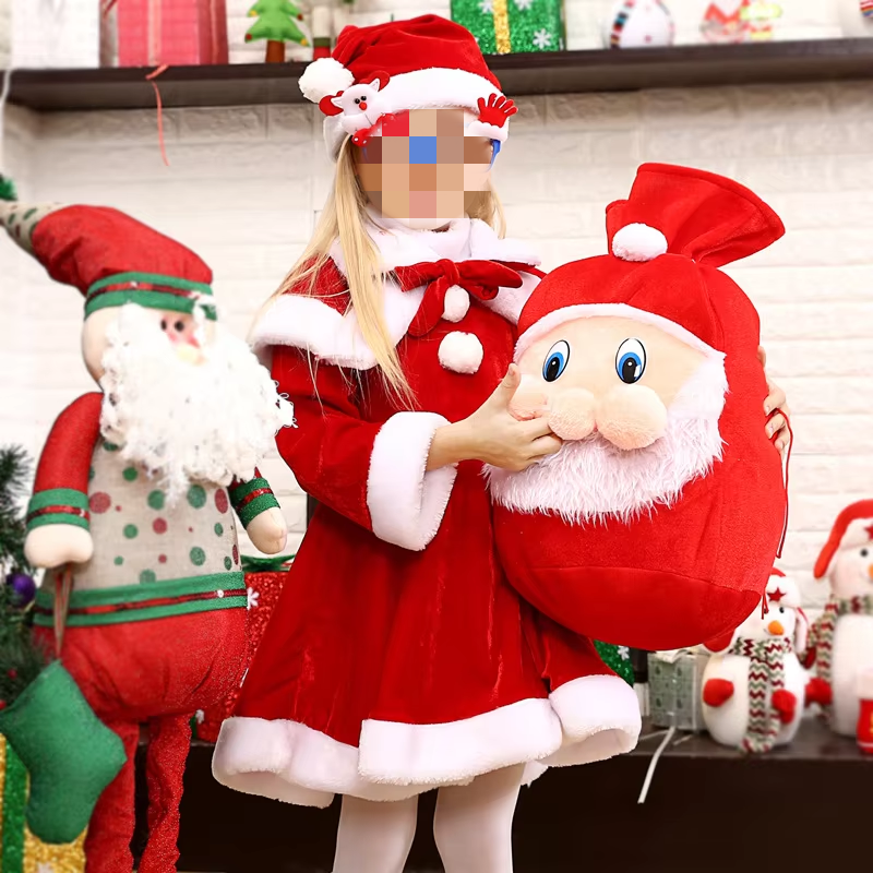 Christmas Children Role-Play Santa Claus Costume Cheap Puffy Dress Set Cartoon Backpack Red Hat Christmas Costume Children