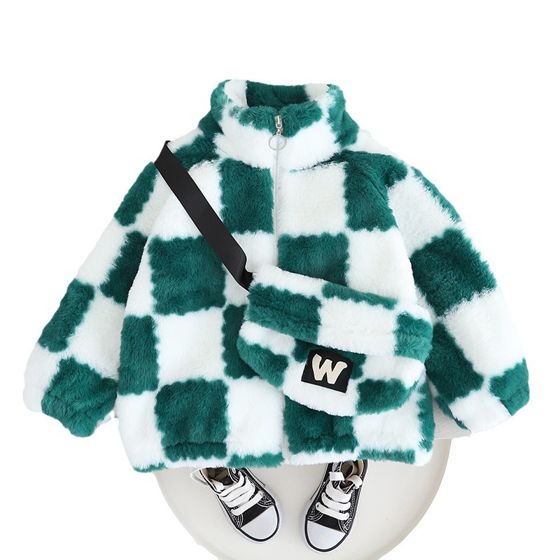 Factory Plush Comfortable Children Chaquetas Jacket Plaid Hot Casaquinho Sale Winter Coat Abrigos Para Ninos with Crossbody Bag