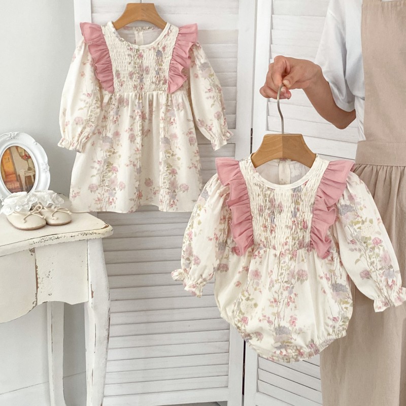 Spring New French Floral Long Sleeve Bodysuit Fashion Style Bodycon Clothes Suit Baby Girl Dress