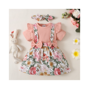 Baby Long Sleeve Triangle Romper Bow Tie Overalls Skirt European & American Plant Floral Set Skirt Supply Baby Girl