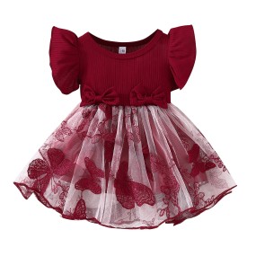 Summer Bebe Filles Enfant Tulle Butterfly Print Niche Dress Children's Clothing Baby Swing Flutter Sleeve Toddler Short Dress Dress Red