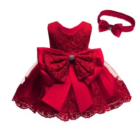 Hot Selling One Year Birthday Summer Baby Bow Short Skirt with Puffy Mesh Cotton Dress Princess Lace Children Girl Dress