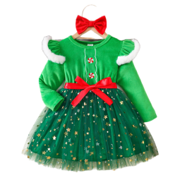 Christmas Skirt Dress Sequins Children Clothing Star Bow Long Sleeve Sequin Fabric Toddler Girl Dress Princess