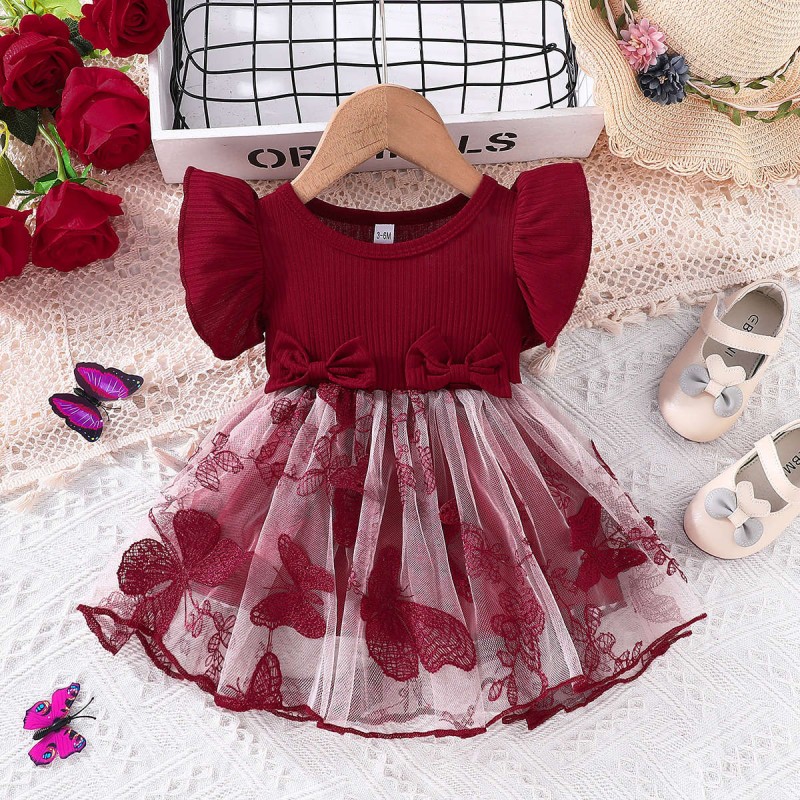 Summer Bebe Filles Enfant Tulle Butterfly Print Niche Dress Children's Clothing Baby Swing Flutter Sleeve Toddler Short Dress Dress Red