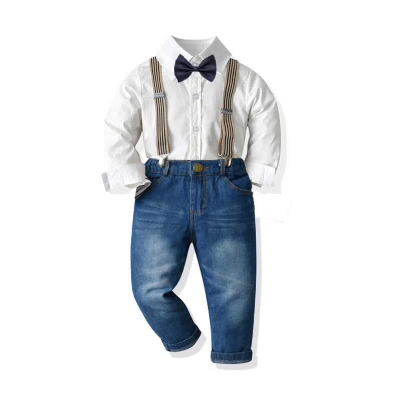 Solid Color with Zipper Jeans Children's Clothing Dress Shirt with Tie Bow Tie Party Long Sleeve Treasured Formal Wear