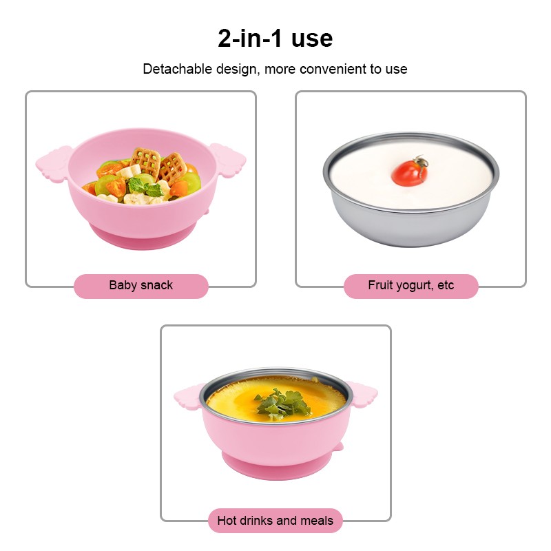 BPA-Free Detachable Children Heat Insulation Plate Stainless Steel Insulated Double-Wall Tableware Silicone Baby Feeding Bowl Set