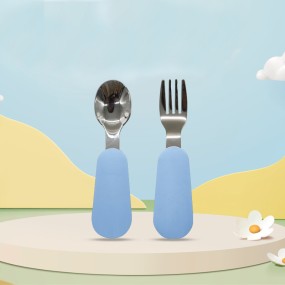 Wholesale Children Silicone Handle Stainless Steel Spoon and Fork 100% Food-Grade Safe Baby Easy Feeding Tool Spoon Tableware Set