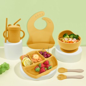 Baby Silicone Feeding Set 6 Pcs Suction Bowl and Bib Straw Cup Fork Spoon Food Eating Toddler Weaning Supplies