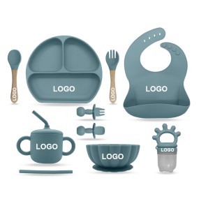 Wholesale Custom Logo Children's Bowl Bib Tableware Set BPA-Free Toddler 9-Piece Tableware Set Silicone Baby Feeding Set Printed