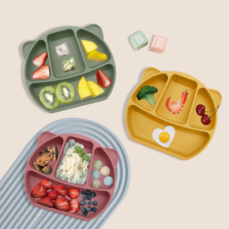 Custom Logo Silicone Toddler Food Feeding Plate Children Divided Tableware Dish Set BPA-Free No-Spill Baby Plate with Suction