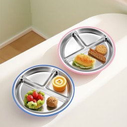 Wholesale Food-Grade Stainless Steel Divided Plate with Silicone Sleeve Children Anti-Slip Baby Dining Suction Plate