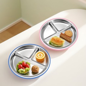 Wholesale Food-Grade Stainless Steel Divided Plate with Silicone Sleeve Children Anti-Slip Baby Dining Suction Plate