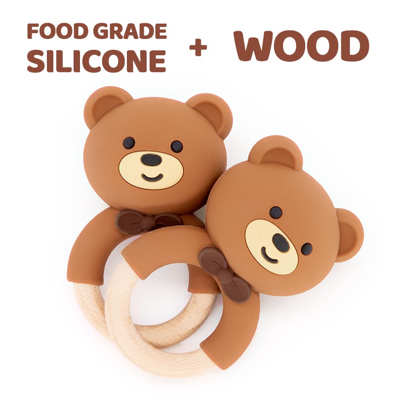 BPA Free New Animal Cartoon Natural Wood Bear Silicone Pacifier Baby Rattle Chew Teething Baby Toy