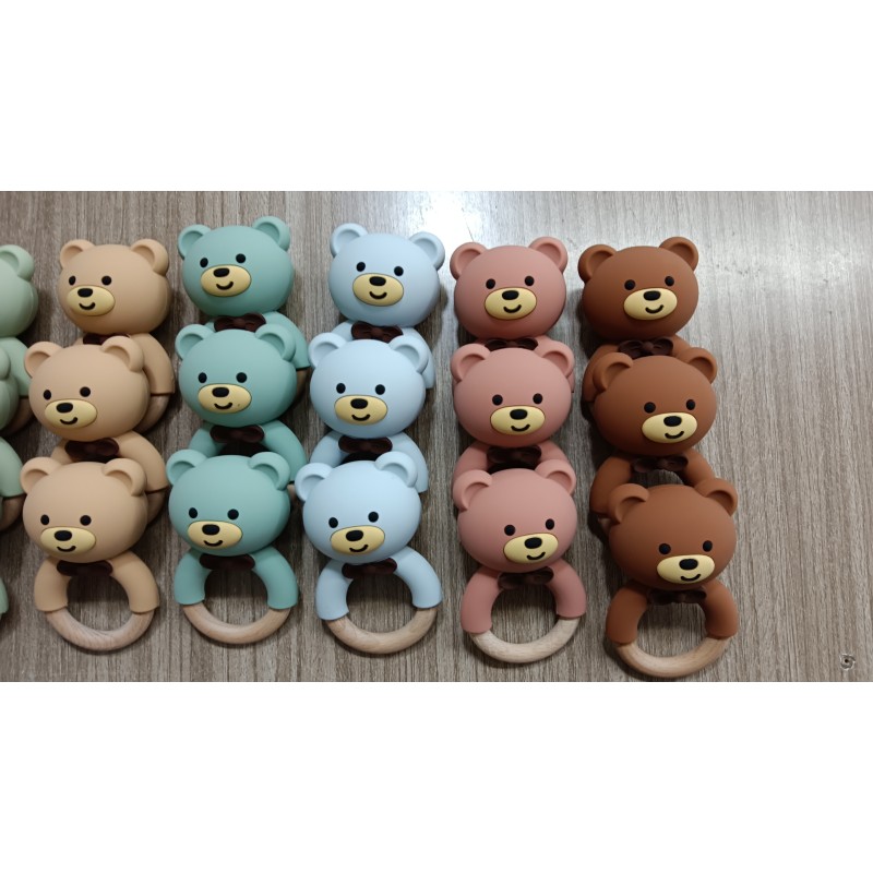 BPA Free New Animal Cartoon Natural Wood Bear Silicone Pacifier Baby Rattle Chew Teething Baby Toy