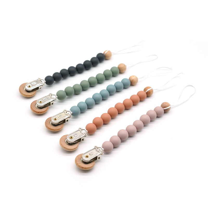 Handmade Wooden Bead Pacifier Dummy Clip Nipple Teething Soft Silicone Children Toy Chewable Round