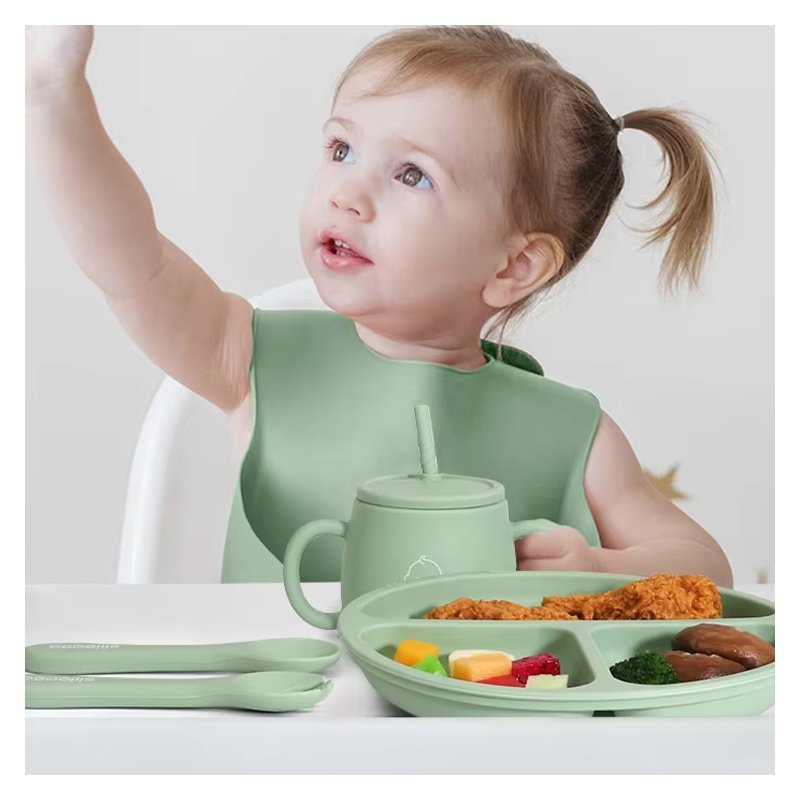 Easy Clean Baby Weaning Feeding Set Baby Training Silicone Bowl Bib Plate