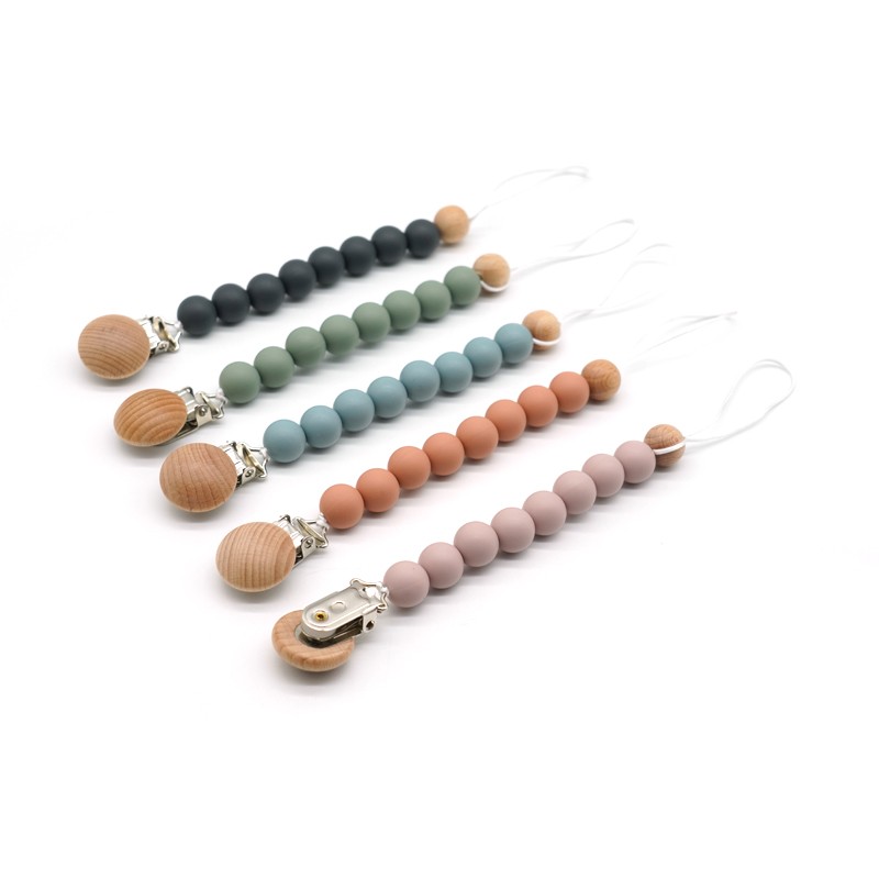 Handmade Wooden Bead Pacifier Dummy Clip Nipple Teething Soft Silicone Children Toy Chewable Round