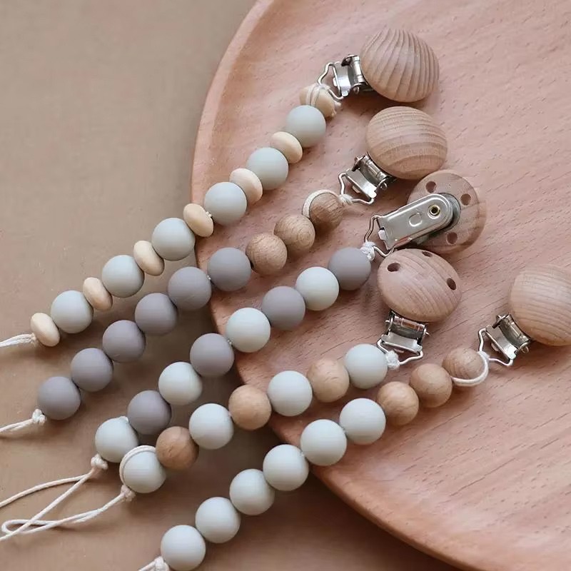 Silicone Pacifier Wooden Dummy Clip Chain Pacifier Holder Beads Silicone Baby Pacifier Clip Baby Teether