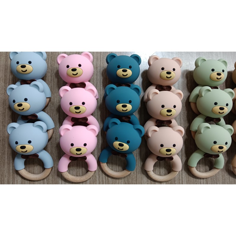 BPA Free New Animal Cartoon Natural Wood Bear Silicone Pacifier Baby Rattle Chew Teething Baby Toy