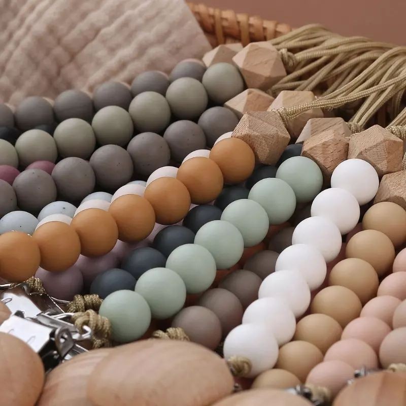 Handmade Wooden Bead Pacifier Dummy Clip Nipple Teething Soft Silicone Children Toy Chewable Round