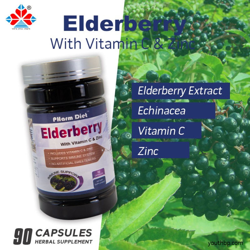 Youth Adult Vegan Elderberry Vitamin C Zinc Echinacea Herbal Supplement Capsules - Immune Support Antioxidant Properties 90 Capsules