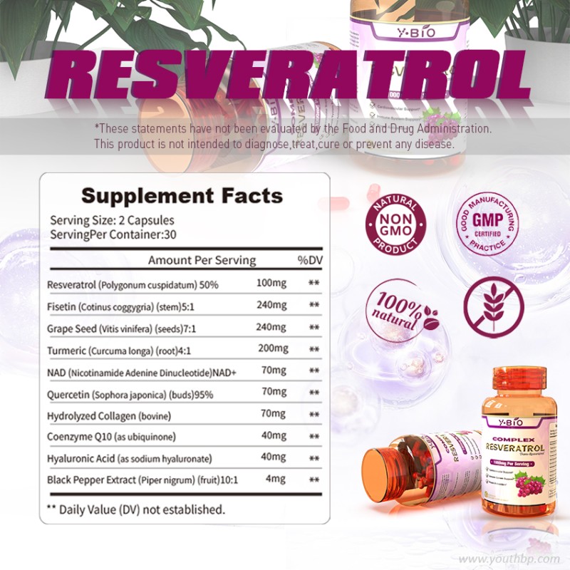 Youth Private Label Multi-Ingredient Herbal Supplement OEM/ODM Resveratrol NAD+ Complex Grape Seed Extract Antioxidant Capsules