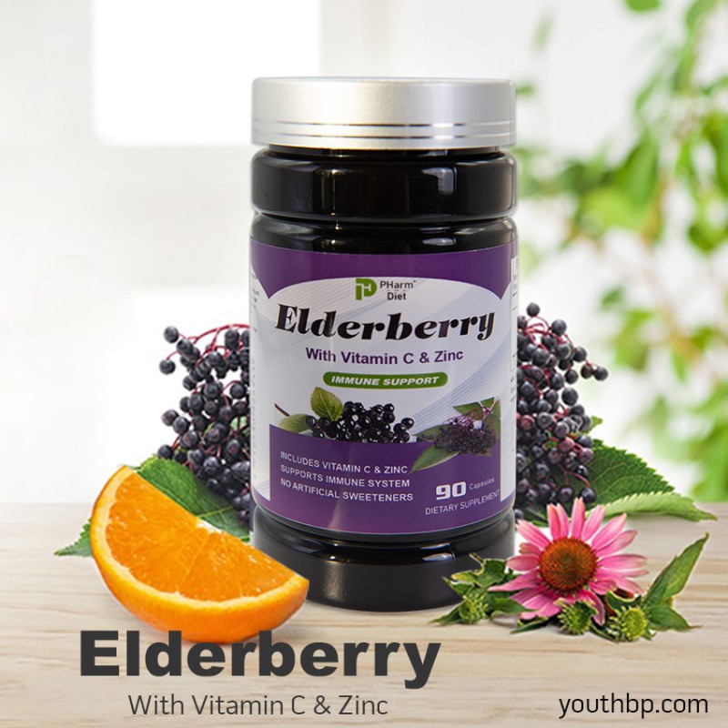 Vegan 500mg Elderberry Extract Capsules with Vitamin C and Zinc for Immune Support