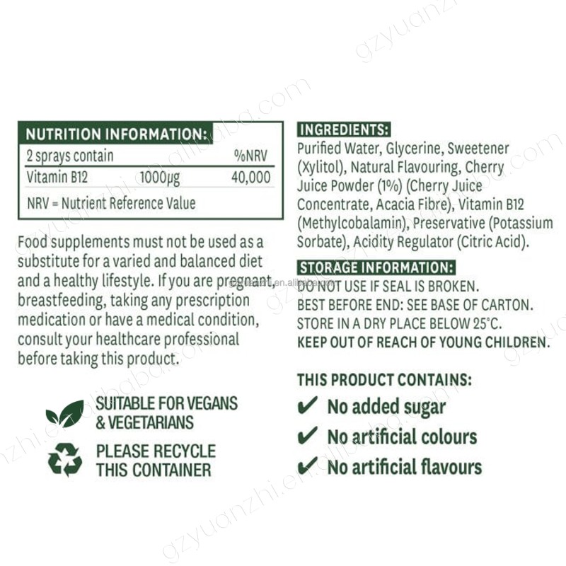 Private Label Organic Quality 1000mcg Vitamin B12 Supplement Oral Liquid Spray Energy Boost Natural Metabolism