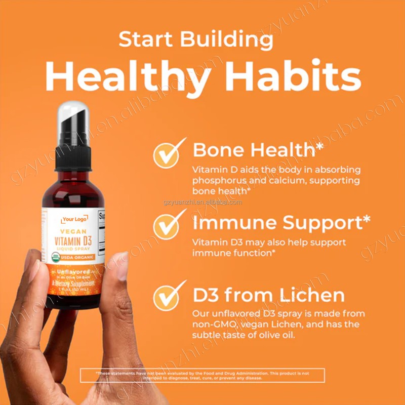 Private Label Halal Vegan Supplement Pure 60ml Vitamin D3 10000 IU Liquid Spray Support Immune Bone Strength