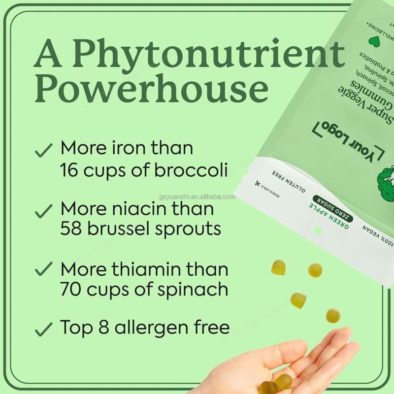 Private Label Green Apple Flavor Children's Super Vegetable Gummies Multivitamin Picky Eaters Probiotic Immune Support