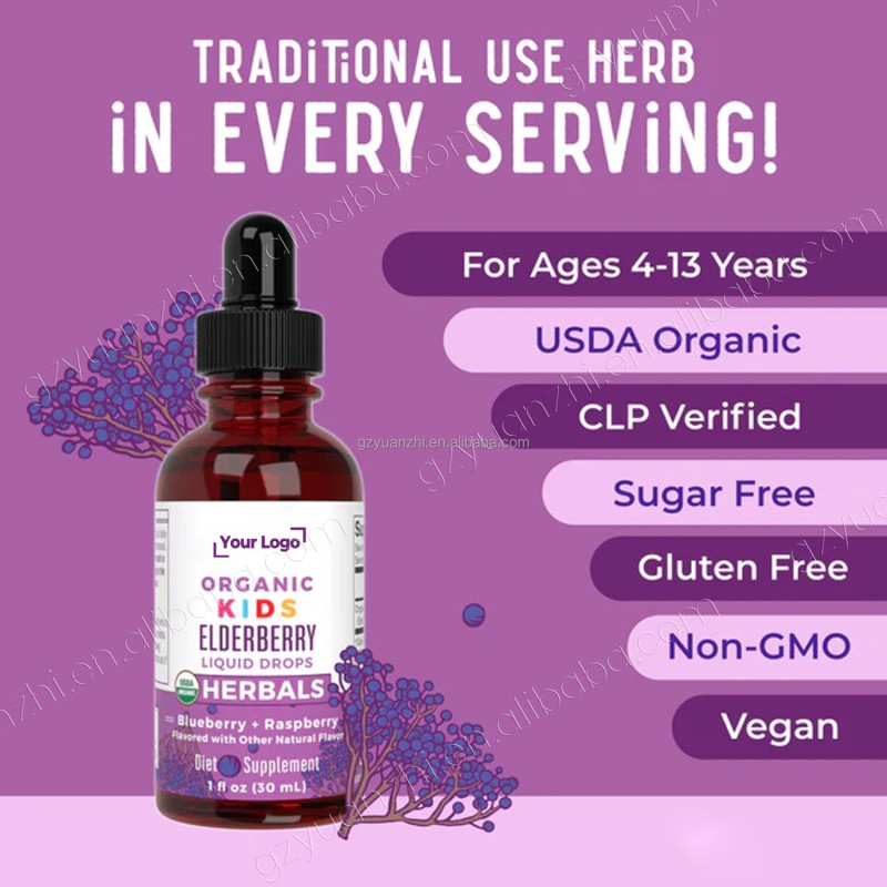 OEM Private Label Children Immune Supplement Organic Elderberry Extract Drops Food Grade Natural Vegan Elderberry Liquid