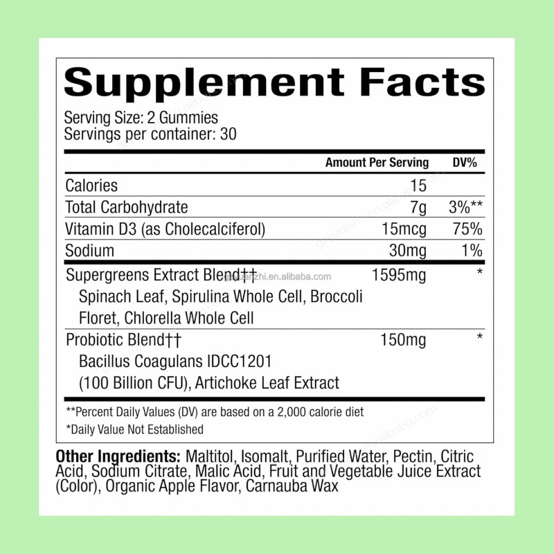 Private Label Green Apple Flavor Vegetable Vitamin Probiotic Complex Multivitamin Support Energy Immune Gut Health Gummies