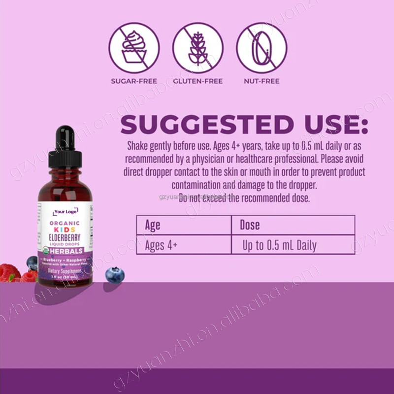 OEM Private Label Children Immune Supplement Organic Elderberry Extract Drops Food Grade Natural Vegan Elderberry Liquid