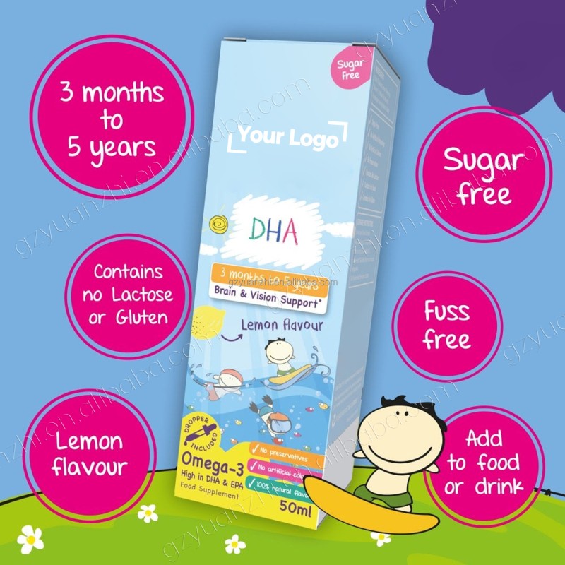 Factory Custom Logo Vitamin Omega 3 DHA Drops Healthy Brain Heart Vitamin Energy Liquid Drop Supplement