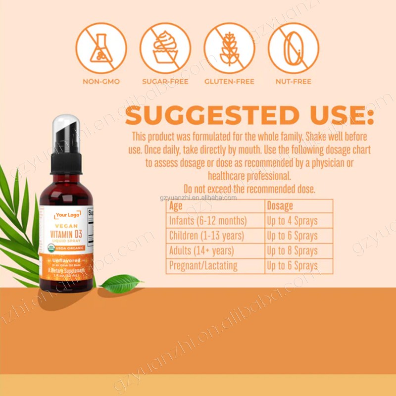 Private Label Halal Vegan Supplement Pure 60ml Vitamin D3 10000 IU Liquid Spray Support Immune Bone Strength