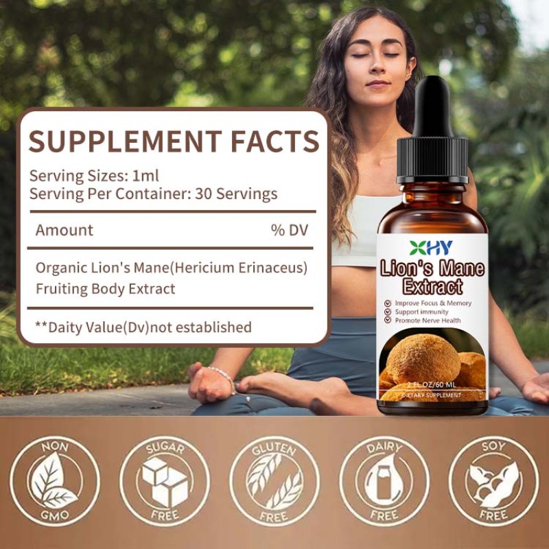 OEM Lion's Mane Liquid Drops Supplement Adult Brain Booster Immune Support Memory Focus Clarity Mushroom Supplement