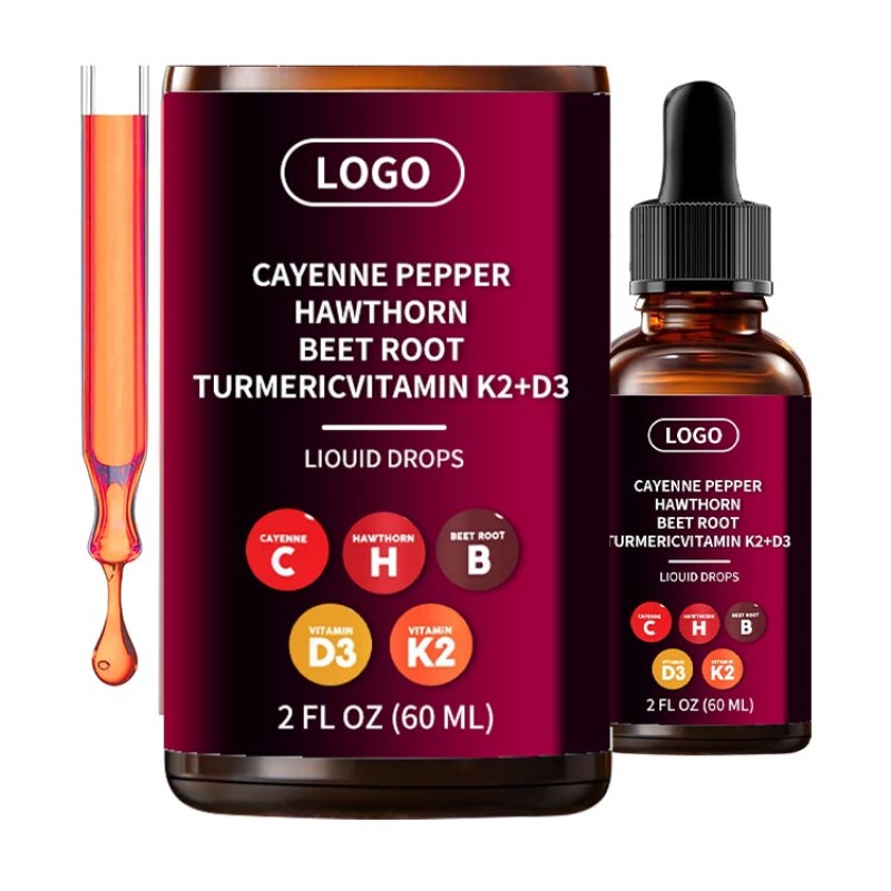 Private Label Organic Turmeric Hawthorn Cayenne Extract Vitamin D3 K2 Beetroot Oral Liquid Drops Adult 60ml