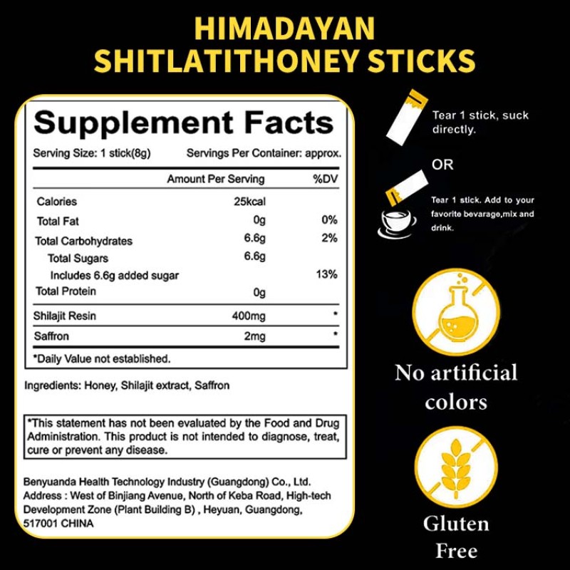 OEM GMP Enhanced Energy Immune Support Organic Multi Minerals Fulvic Acid Gold Pure Himalayan Shilajit Adult Honey Sticks