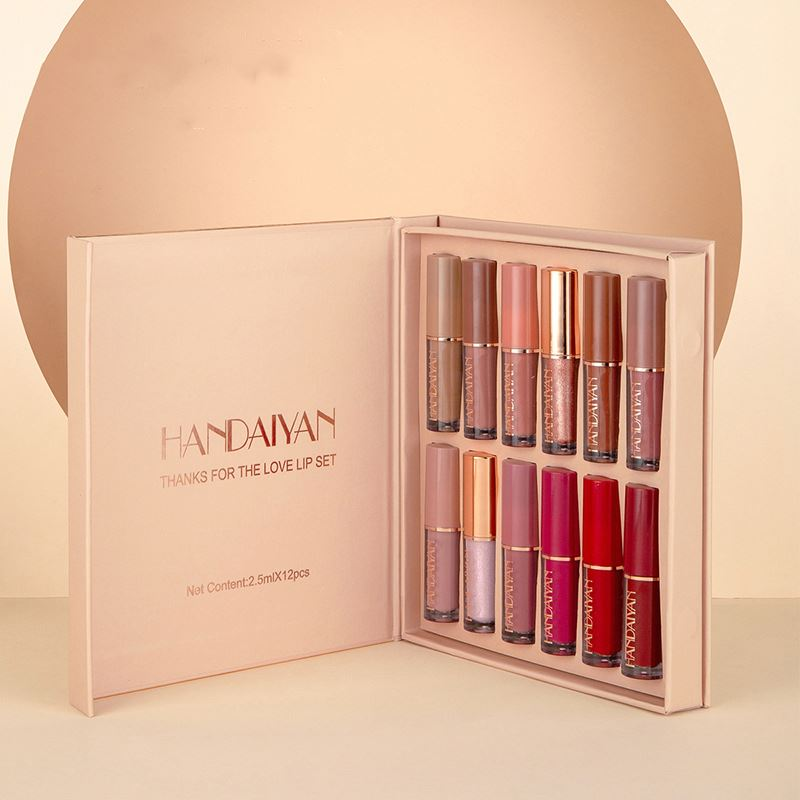 HANDAIYAN Private Label 12 Colors Matte Lustre Lipgloss Set Liquid Lipstick Vegan Makeup Cosmetic Non-stick Cup