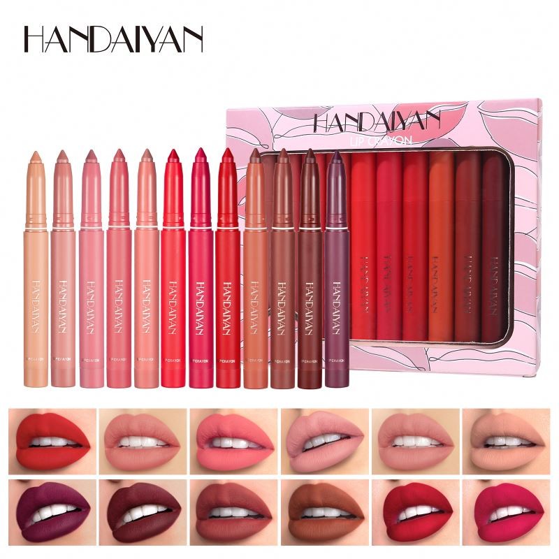 HANDAIYAN Matte Lip Crayon 12 Pcs Set Lipstick Lipliner with Built-in Sharpener Waterproof Makeup Cosmetics