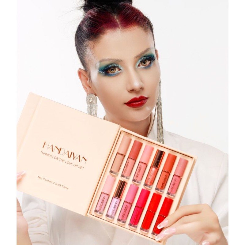 HANDAIYAN Private Label 12 Colors Matte Lustre Lipgloss Set Liquid Lipstick Vegan Makeup Cosmetic Non-stick Cup