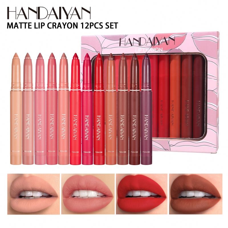 HANDAIYAN Matte Lip Crayon 12 Pcs Set Lipstick Lipliner with Built-in Sharpener Waterproof Makeup Cosmetics