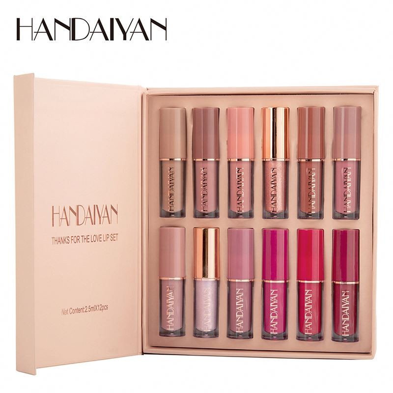 HANDAIYAN Private Label 12 Colors Matte Lustre Lipgloss Set Liquid Lipstick Vegan Makeup Cosmetic Non-stick Cup