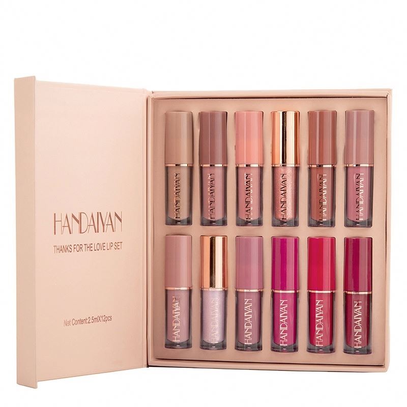 HANDAIYAN Private Label 12 Colors Matte Lustre Lipgloss Set Liquid Lipstick Vegan Makeup Cosmetic Non-stick Cup